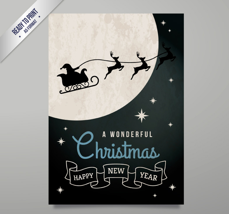 Moonlight Sleigh Christmas greeting card vector material
