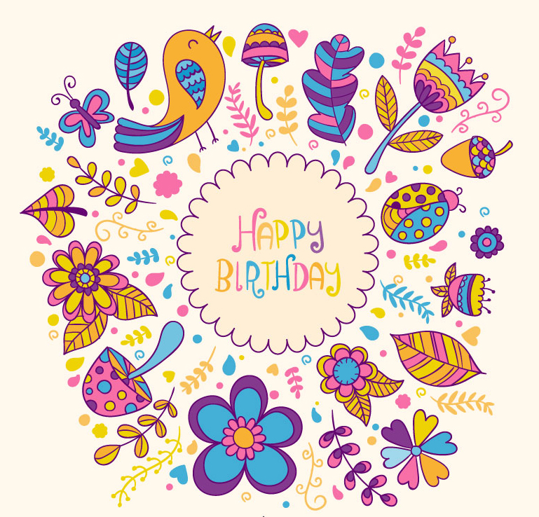 Birds and flowers cartoon birthday cards vector material