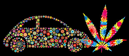 Composed of lovely flowers, cars and cannabis leaf material vector