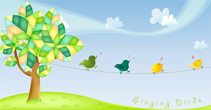 Lovely trees singing bird vector material