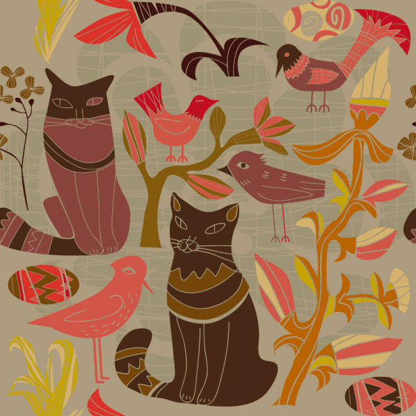 The Cartoon decorative style birds and cats 01 - vector