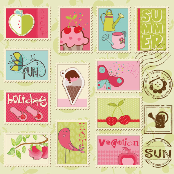 Cartoon illustrations of stamps 02 - vector
