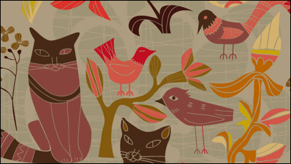 The Cartoon decorative style birds and cats 01 - vector
