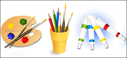 Palette, brushes, color pencils, paint vector