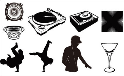 Playing disc players, vinyl discs, headphones, beverages, goblets vector