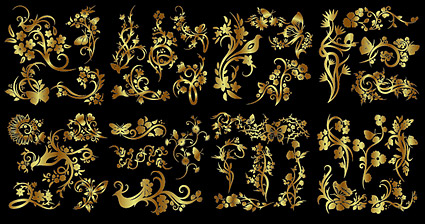 Number of golden flowers and birds butterfly pattern